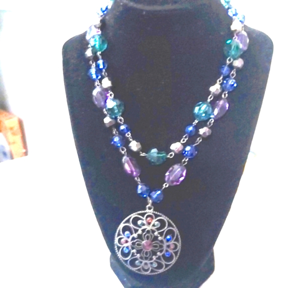 Chunky Multi Stone Layered Statement Medallion Pe… - image 1